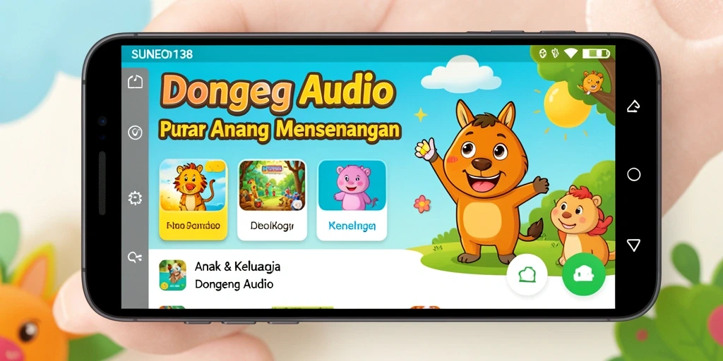 Antarmuka aplikasi SUNEO138 dengan fitur Dongeng Audio.